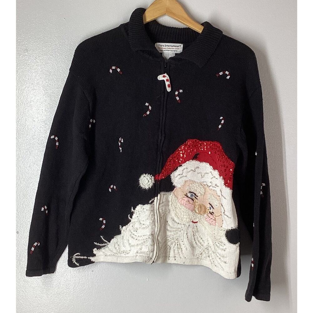 VTG TIARA International Sweater Sz L Full Zip Black 3D Santa Holidays Candy Cane